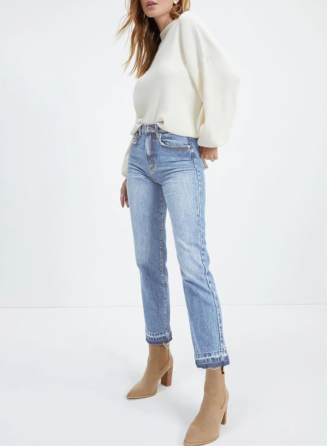 Astylish Womens High Waisted Straight Leg Ankle Jeans Casual Stretch Denim Pants