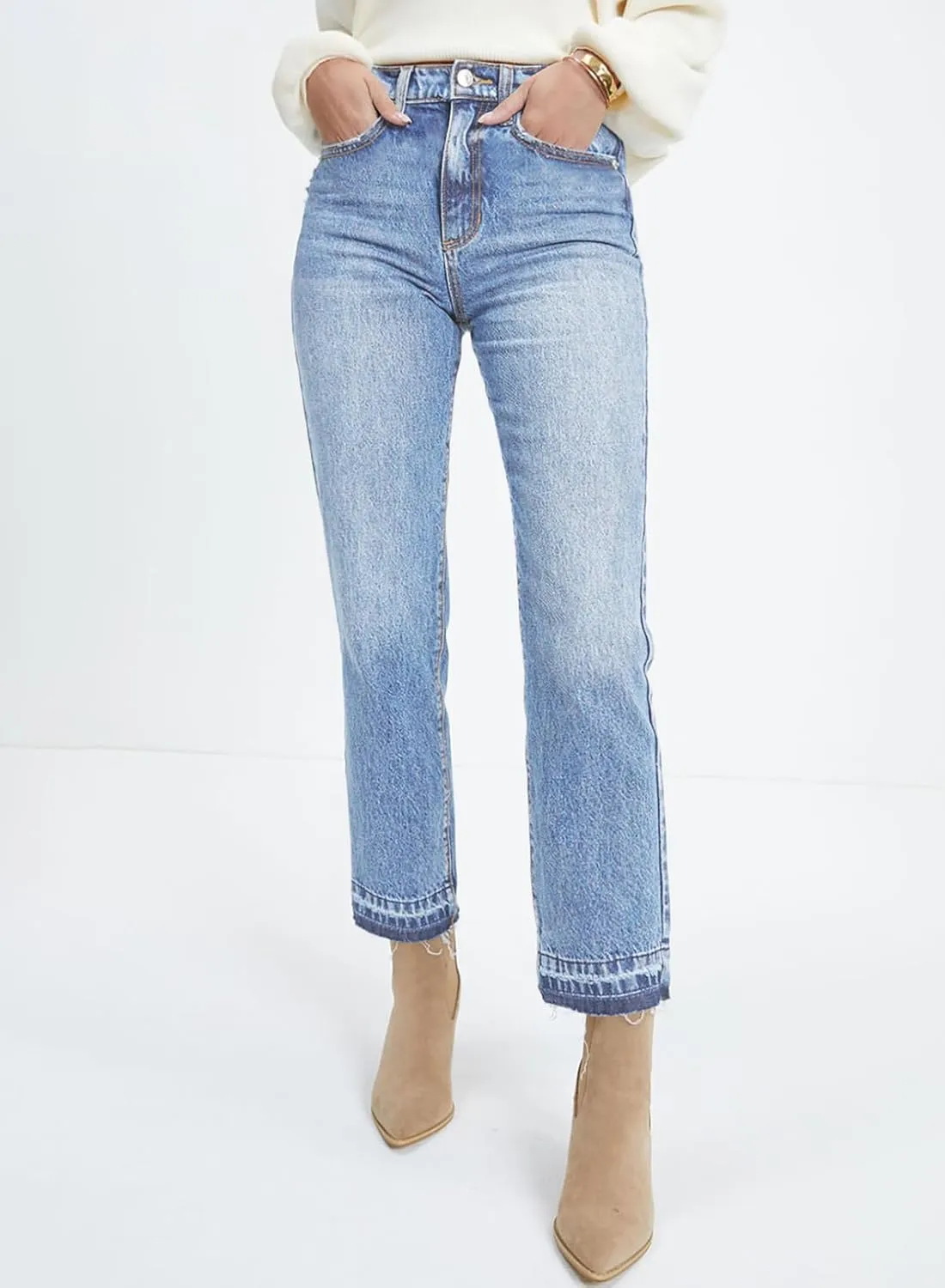Astylish Womens High Waisted Straight Leg Ankle Jeans Casual Stretch Denim Pants
