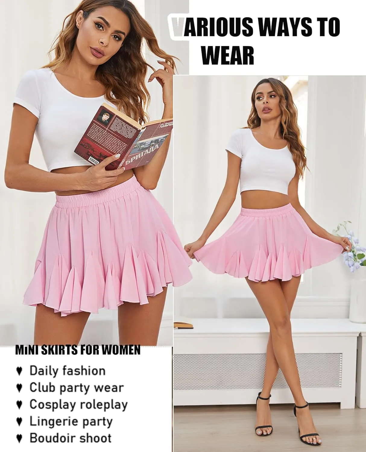 Avidlove Women's Pleated Skater Skirt Basic Casual High Waisted Ruffles Flared Mini Lingerie Skirts