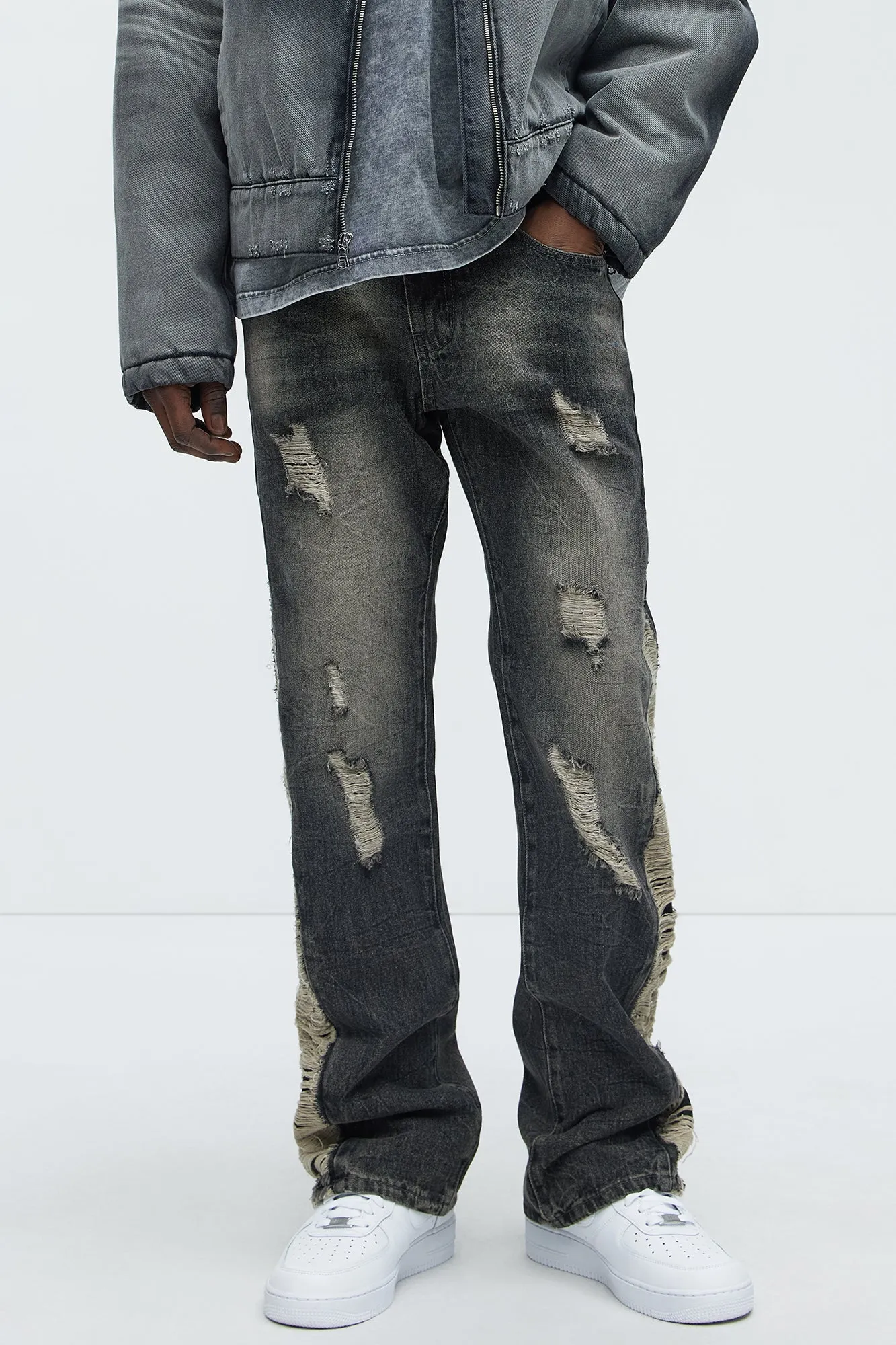 Back In The Valley Distressed Stacked Slim Flare Jeans - Black Wash