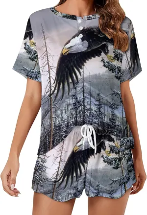 Bald Eagle Pajama Set for Women 2 Piece Sleepwear Loungewear Short Sleeve PJ S