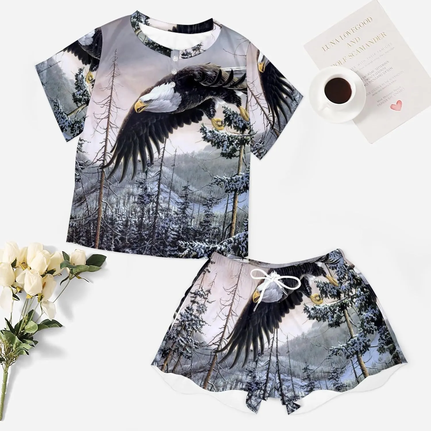 Bald Eagle Pajama Set for Women 2 Piece Sleepwear Loungewear Short Sleeve PJ S