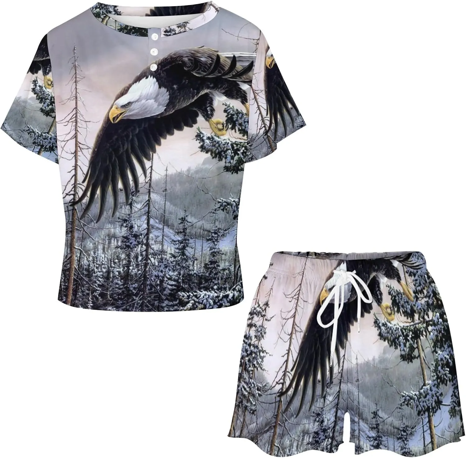 Bald Eagle Pajama Set for Women 2 Piece Sleepwear Loungewear Short Sleeve PJ S