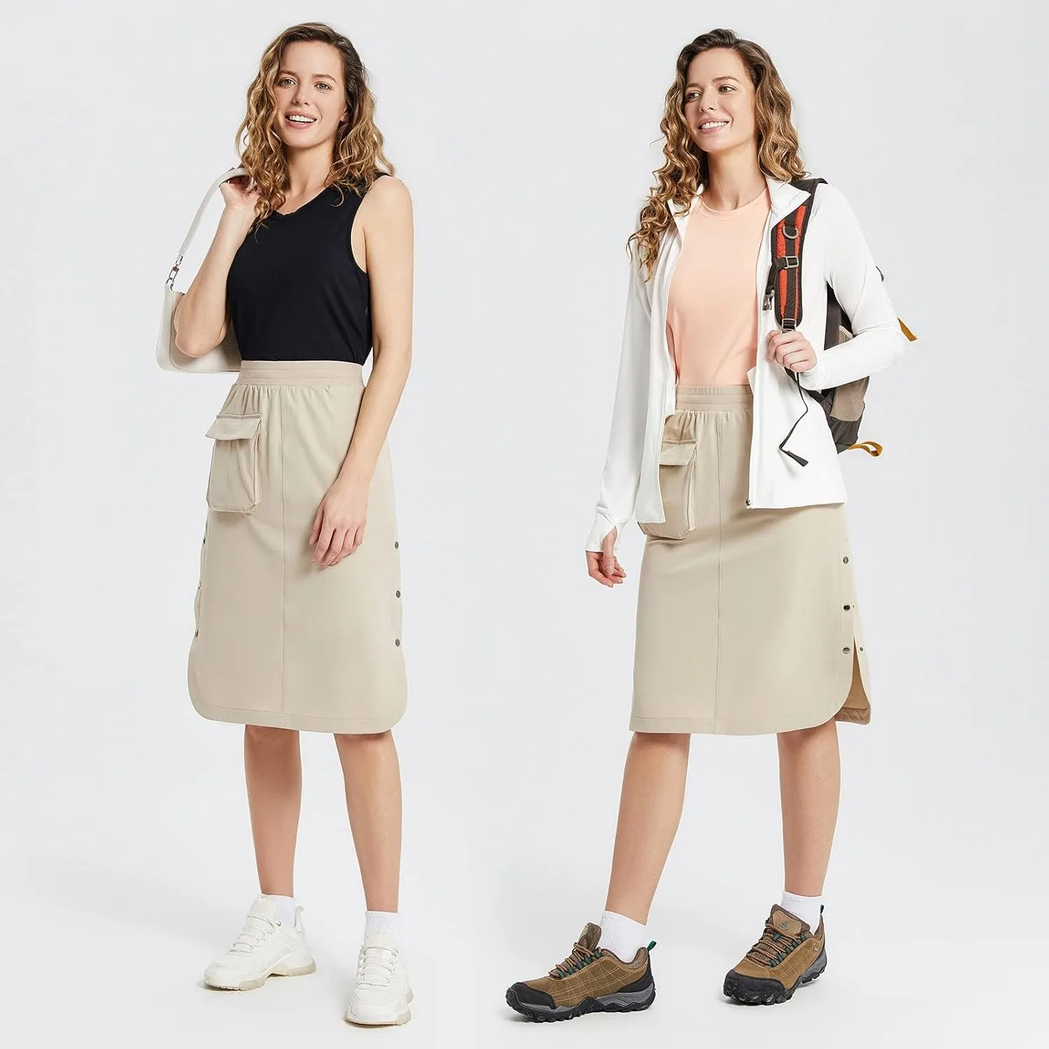 baleaf Women's Long Casual Skirt Pocket with Slit 26.5" Midi Calf Length Elastic Waist Stretch for Travel