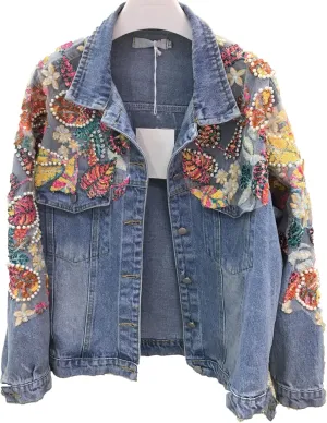 Beaded Diamond Denim Jacket Women Lace Stitching Loose Outwear,Red,L