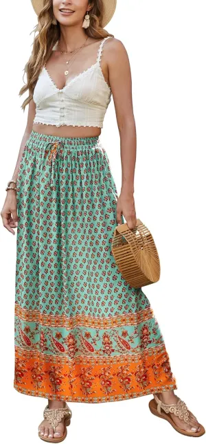 Bluetime Women Floral Print Long Skirt Boho Summer Pleated Elastic High Waisted Casual Maxi Skirt