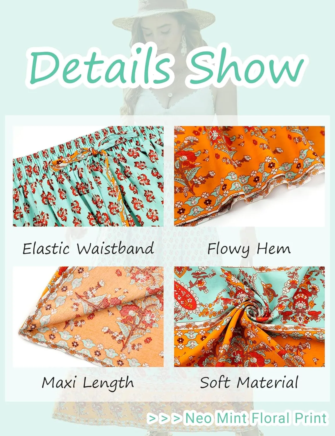 Bluetime Women Floral Print Long Skirt Boho Summer Pleated Elastic High Waisted Casual Maxi Skirt