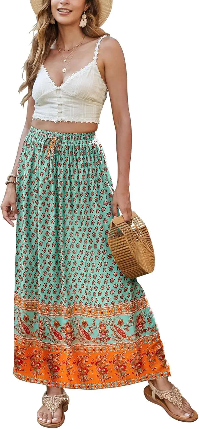 Bluetime Women Floral Print Long Skirt Boho Summer Pleated Elastic High Waisted Casual Maxi Skirt