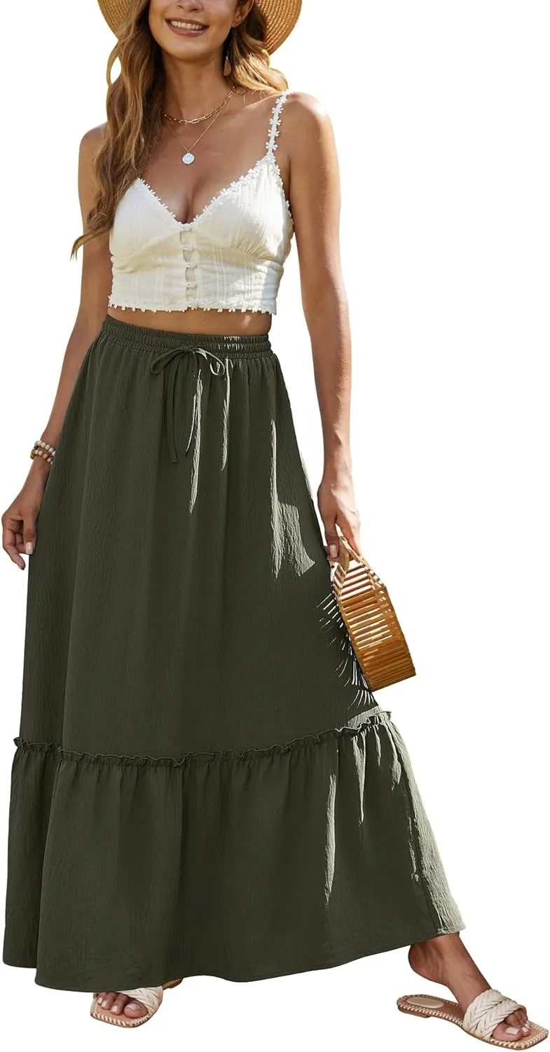 Bluetime Women Flowy Long Skirt Summer Pleated Elastic High Waisted Casual Tiered Maxi Skirt
