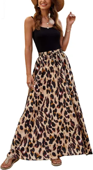 Bluetime Women Flowy Long Skirts Summer Beach Pleated Elastic High Waisted Casual Maxi Skirts