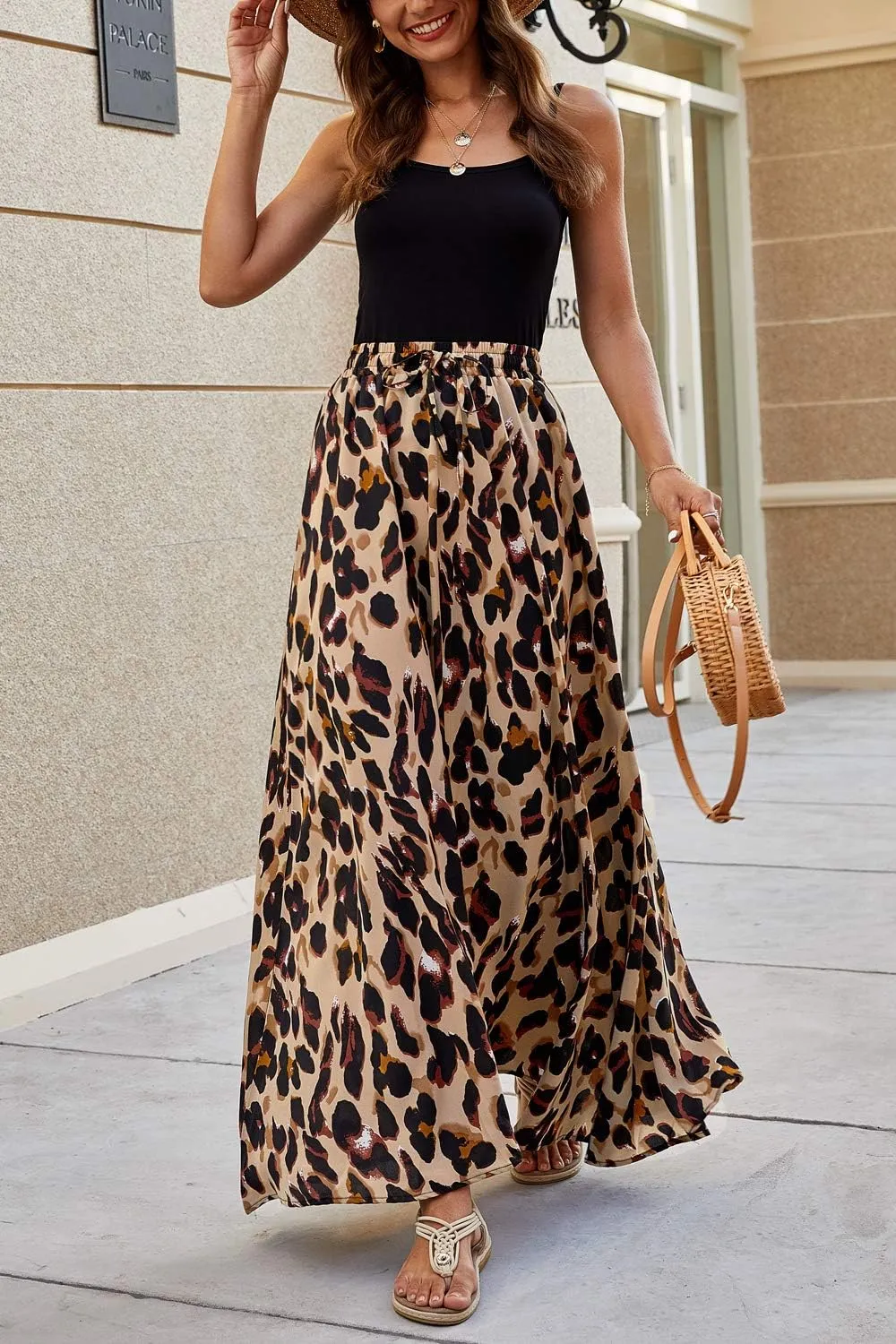 Bluetime Women Flowy Long Skirts Summer Beach Pleated Elastic High Waisted Casual Maxi Skirts