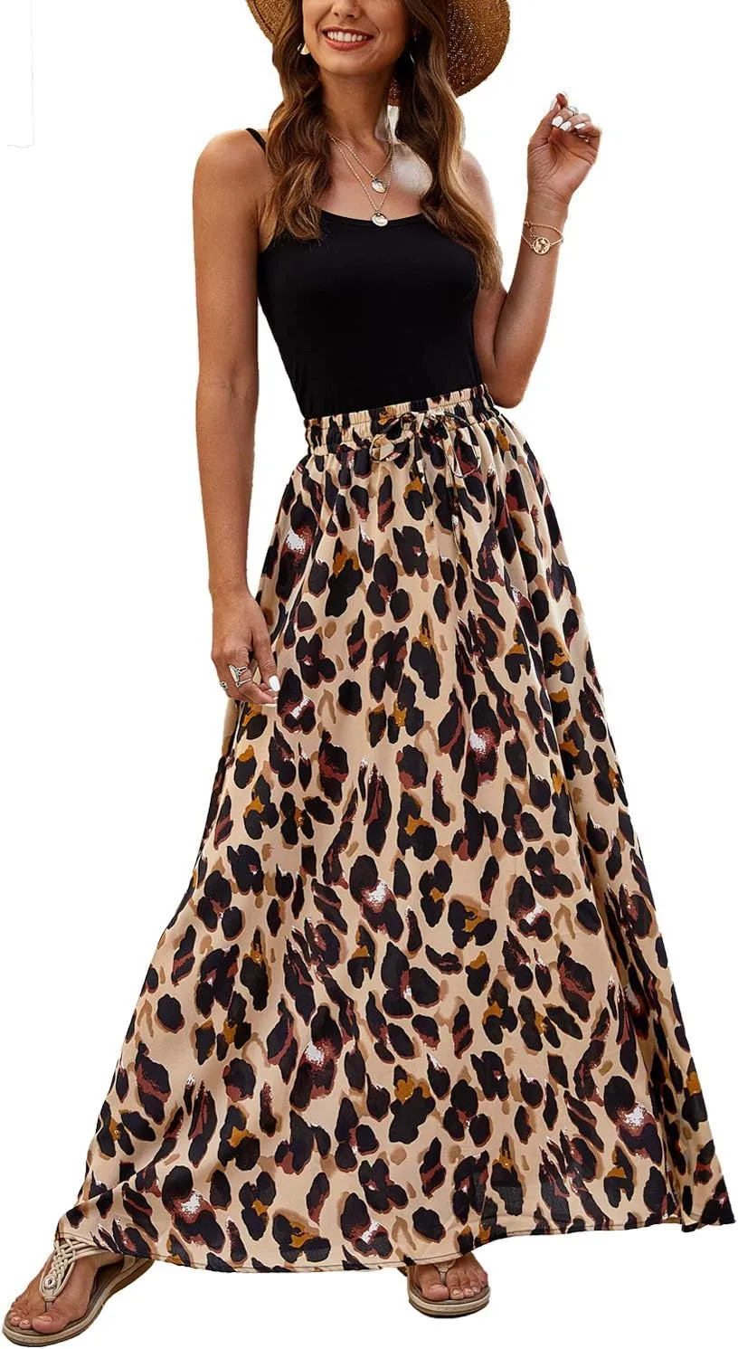 Bluetime Women Flowy Long Skirts Summer Beach Pleated Elastic High Waisted Casual Maxi Skirts