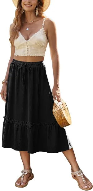 Bluetime Women Flowy Midi Skirt Summer Beach Pleated Elastic High Waisted A Line Tiered Skirt