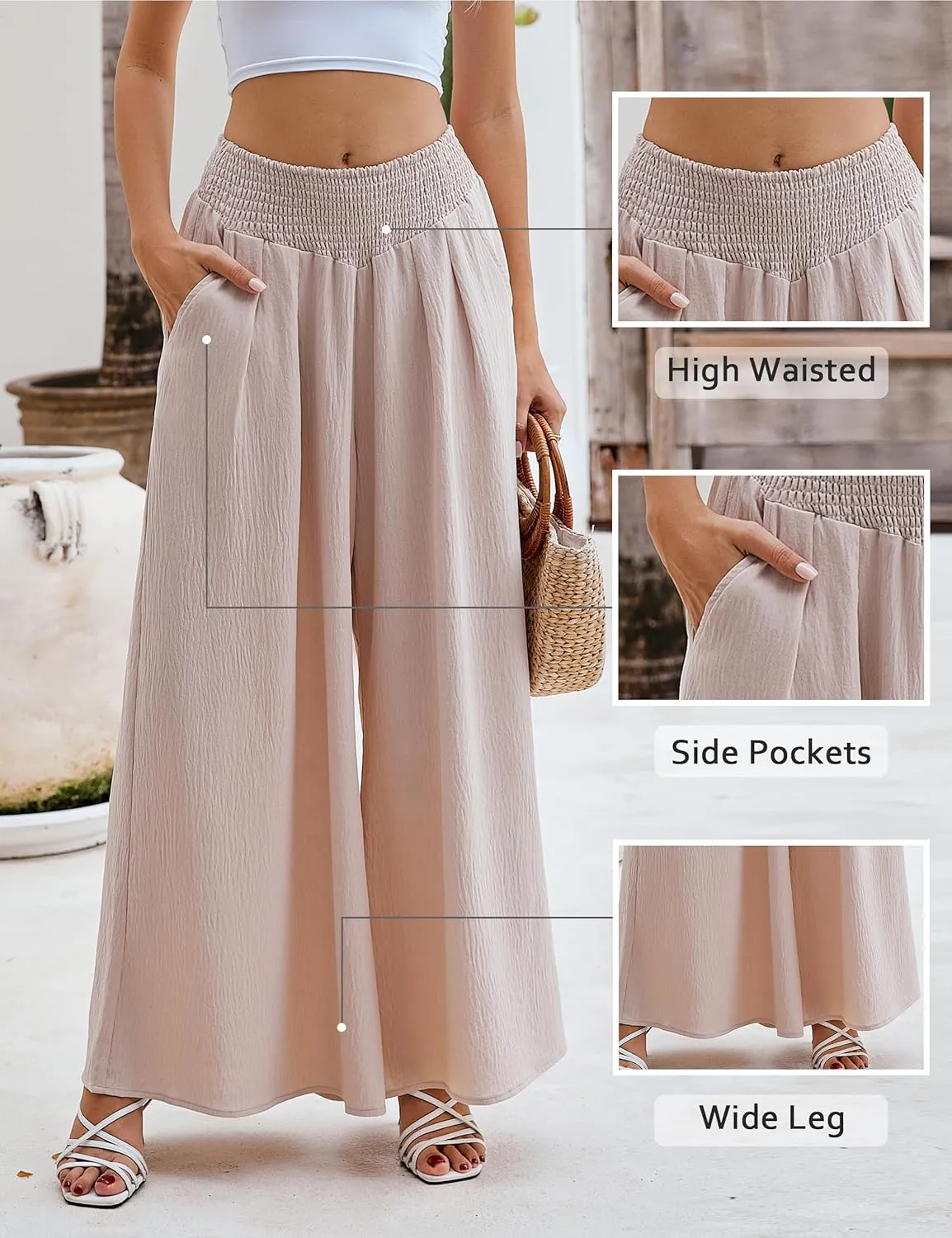 BMJL Women's 2024 Wide Leg Lounge Pants with Pockets Summer High Waisted Casual Palazzo Pants in Beige, S, M, L, XL
