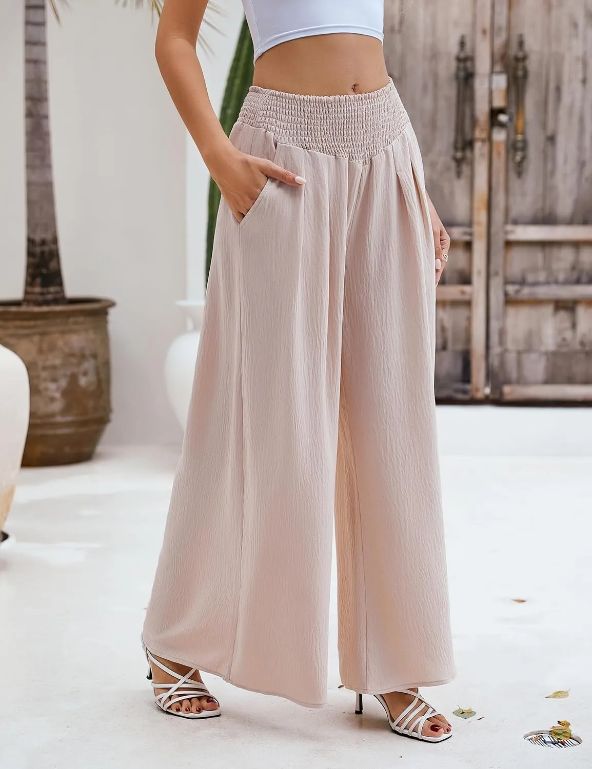 BMJL Women's 2024 Wide Leg Lounge Pants with Pockets Summer High Waisted Casual Palazzo Pants in Beige, S, M, L, XL