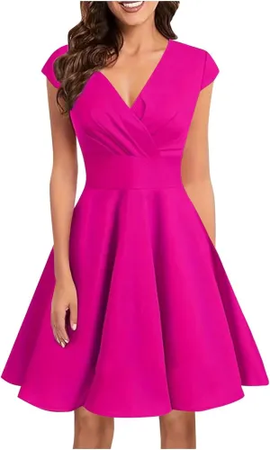 Borniu Women 2025 Summer Cap Sleeve Dresses Solid Solor Casual Beach Mini Dresses Beach Vocation A-Line Flowy Swing Sundress