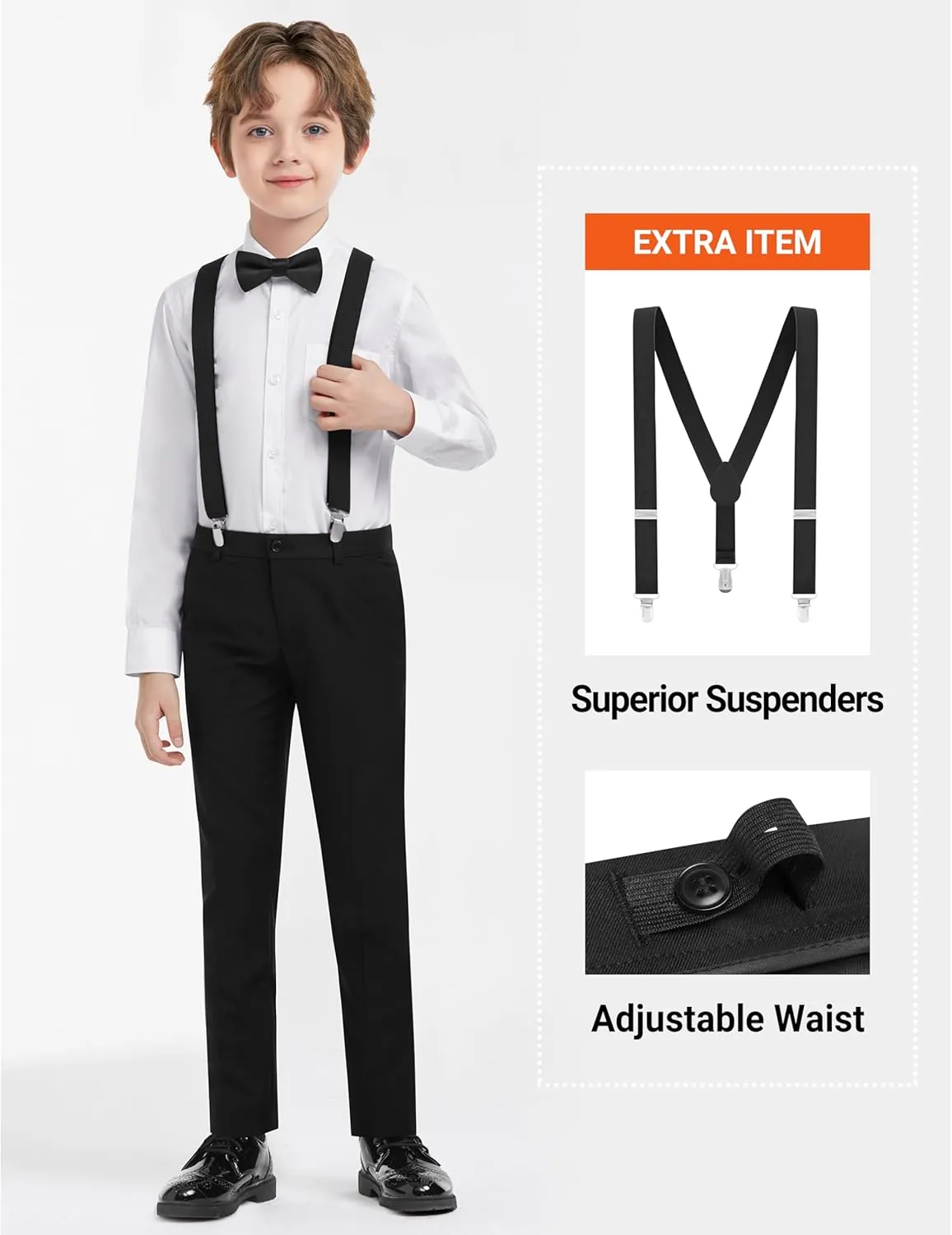 Boys Formal Suits Set, from Toddlers to Teen, Adjustable Waist, with Suspenders