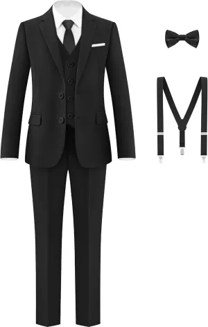 Boys Formal Suits Set, from Toddlers to Teen, Adjustable Waist, with Suspenders