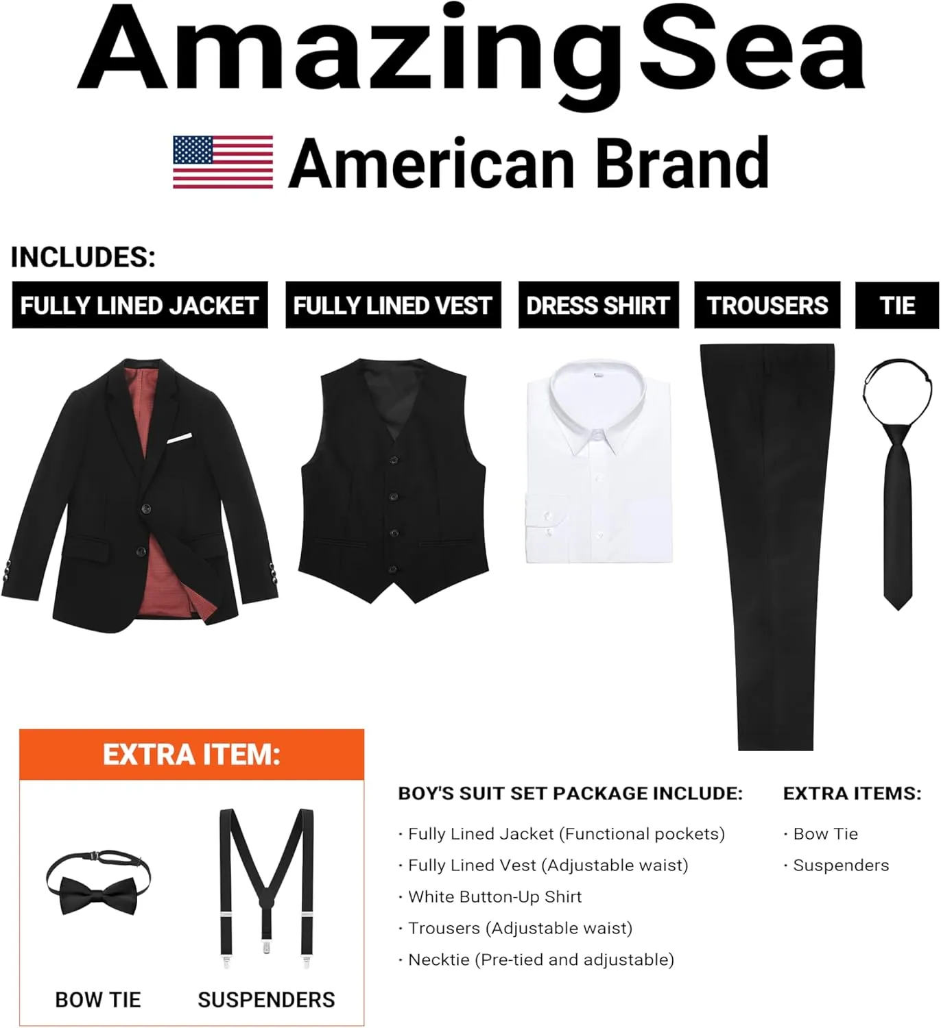 Boys Formal Suits Set, from Toddlers to Teen, Adjustable Waist, with Suspenders