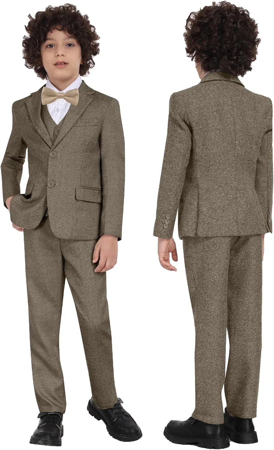 Boys Suit 6pcs Tweed Herringbone Suits for Kids Slim Fit Tuxedo Formal Jacket Wedding Shirt Blazer Vest Pants Set with Tie