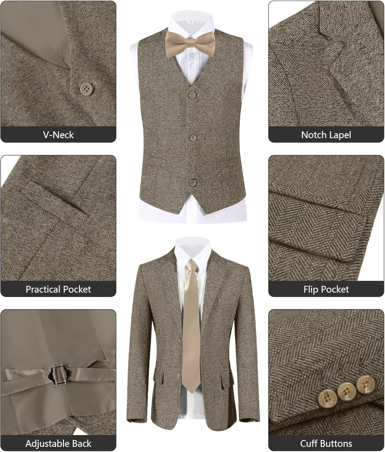 Boys Suit 6pcs Tweed Herringbone Suits for Kids Slim Fit Tuxedo Formal Jacket Wedding Shirt Blazer Vest Pants Set with Tie