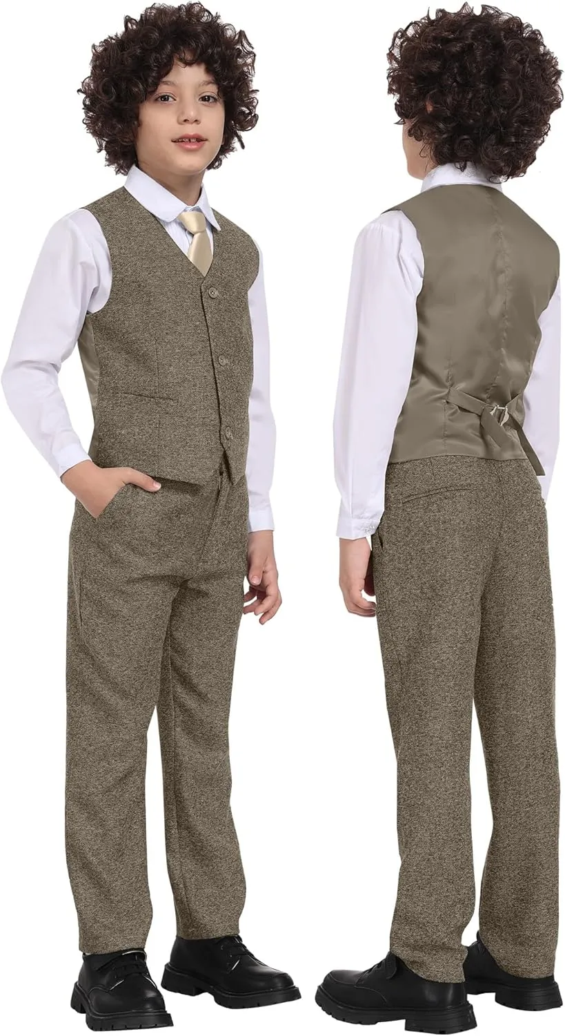 Boys Suit 6pcs Tweed Herringbone Suits for Kids Slim Fit Tuxedo Formal Jacket Wedding Shirt Blazer Vest Pants Set with Tie