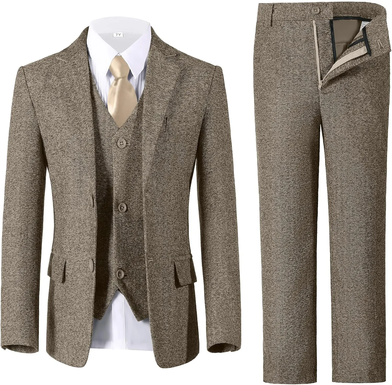 Boys Suit 6pcs Tweed Herringbone Suits for Kids Slim Fit Tuxedo Formal Jacket Wedding Shirt Blazer Vest Pants Set with Tie