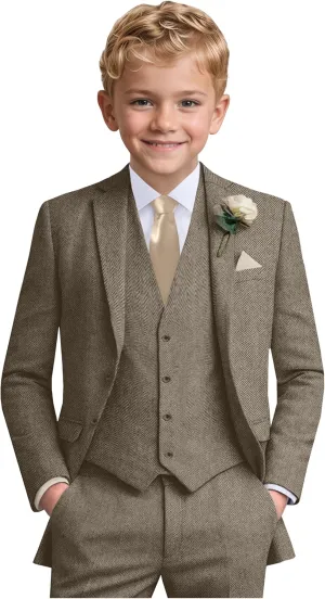 Boys Suit 6pcs Tweed Herringbone Suits for Kids Slim Fit Tuxedo Formal Jacket Wedding Shirt Blazer Vest Pants Set with Tie