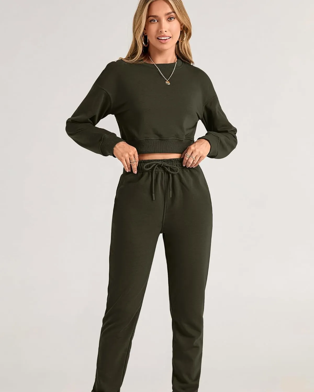 BTFBM Women 2 Piece Outfits Long Sleeve Crop Top Pullover Drawstring Pant Jogger Set Casual Sweatsuits Tracksuit Pockets