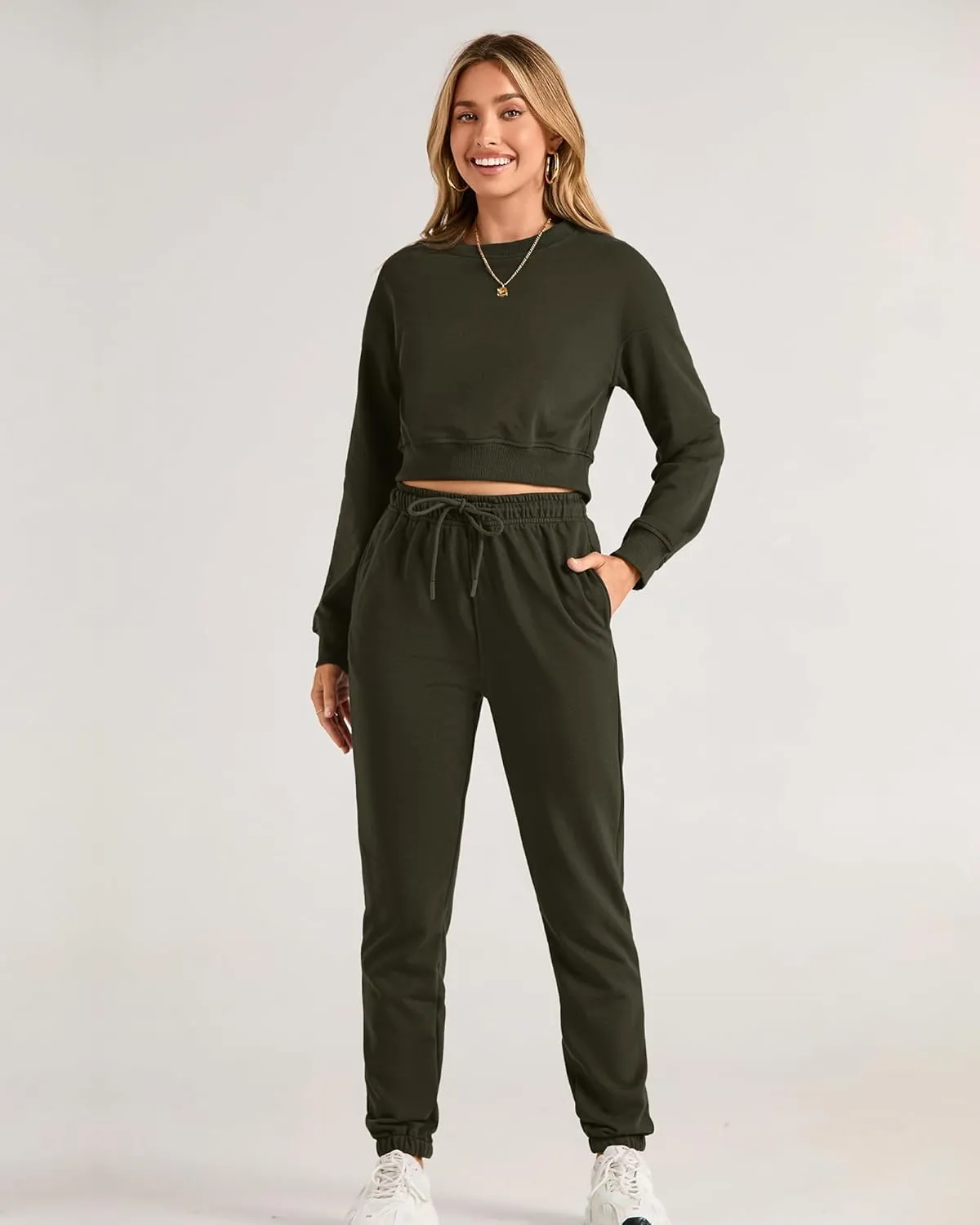 BTFBM Women 2 Piece Outfits Long Sleeve Crop Top Pullover Drawstring Pant Jogger Set Casual Sweatsuits Tracksuit Pockets