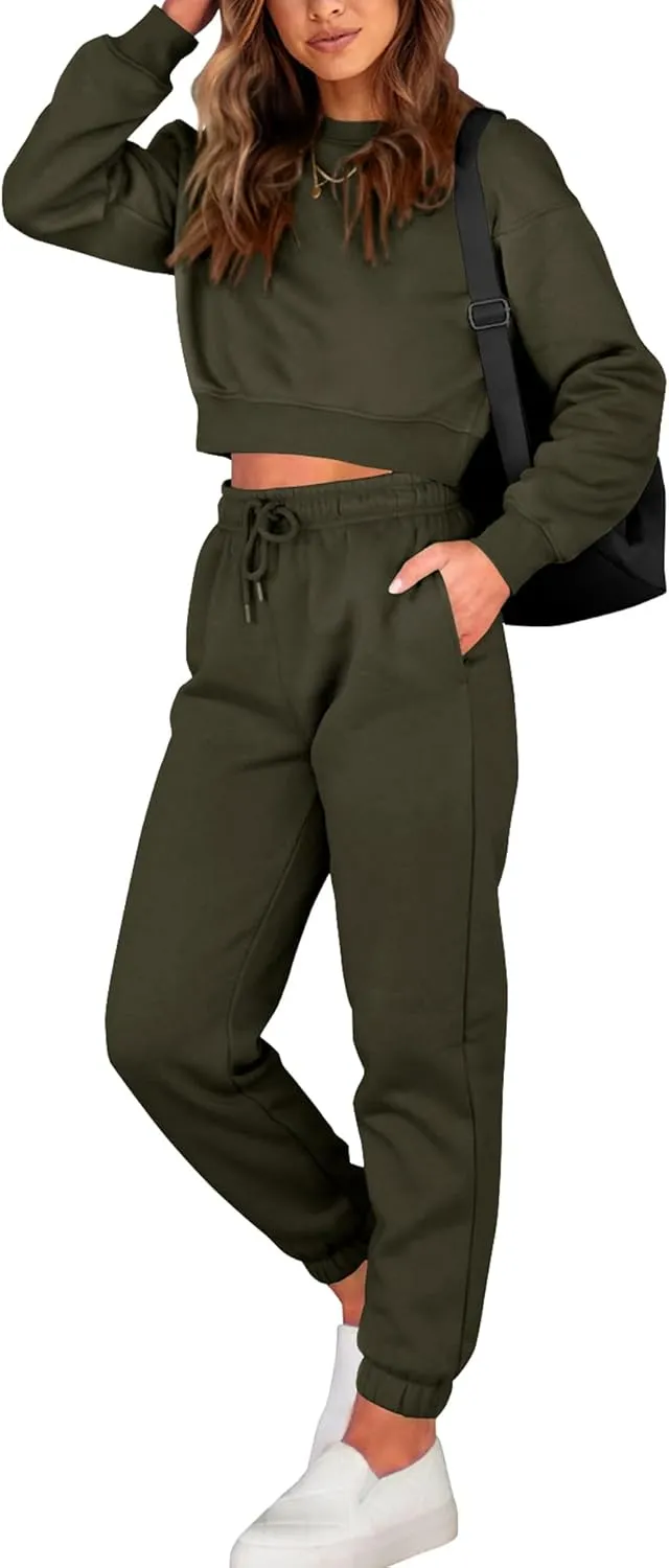 BTFBM Women 2 Piece Outfits Long Sleeve Crop Top Pullover Drawstring Pant Jogger Set Casual Sweatsuits Tracksuit Pockets