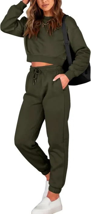 BTFBM Women 2 Piece Outfits Long Sleeve Crop Top Pullover Drawstring Pant Jogger Set Casual Sweatsuits Tracksuit Pockets
