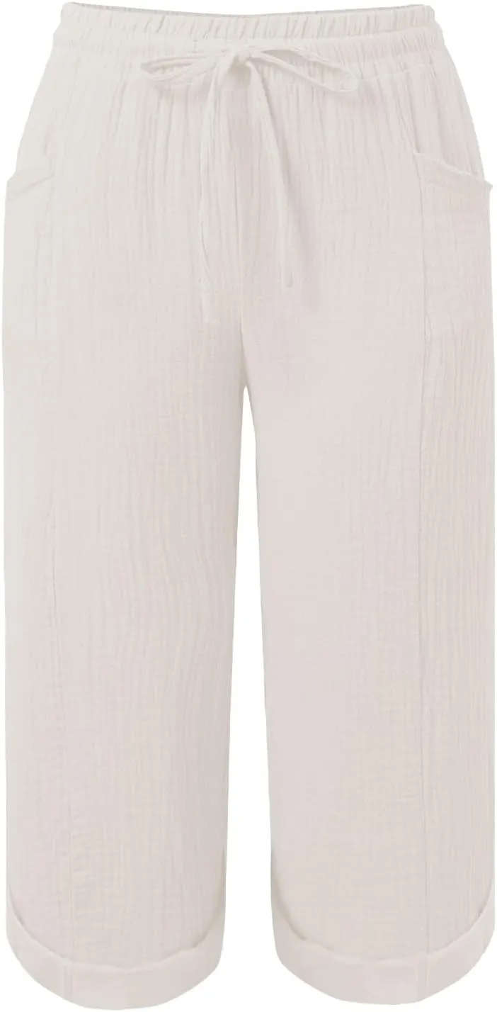 Capri Pants for Women Casual 2025 Wide Leg Drawstring Elastic Waist Loose Cropped Trousers Summer Outfit with Pockets