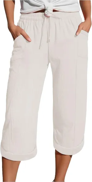 Capri Pants for Women Casual 2025 Wide Leg Drawstring Elastic Waist Loose Cropped Trousers Summer Outfit with Pockets