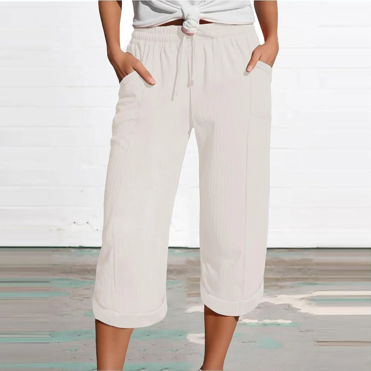 Capri Pants for Women Casual 2025 Wide Leg Drawstring Elastic Waist Loose Cropped Trousers Summer Outfit with Pockets