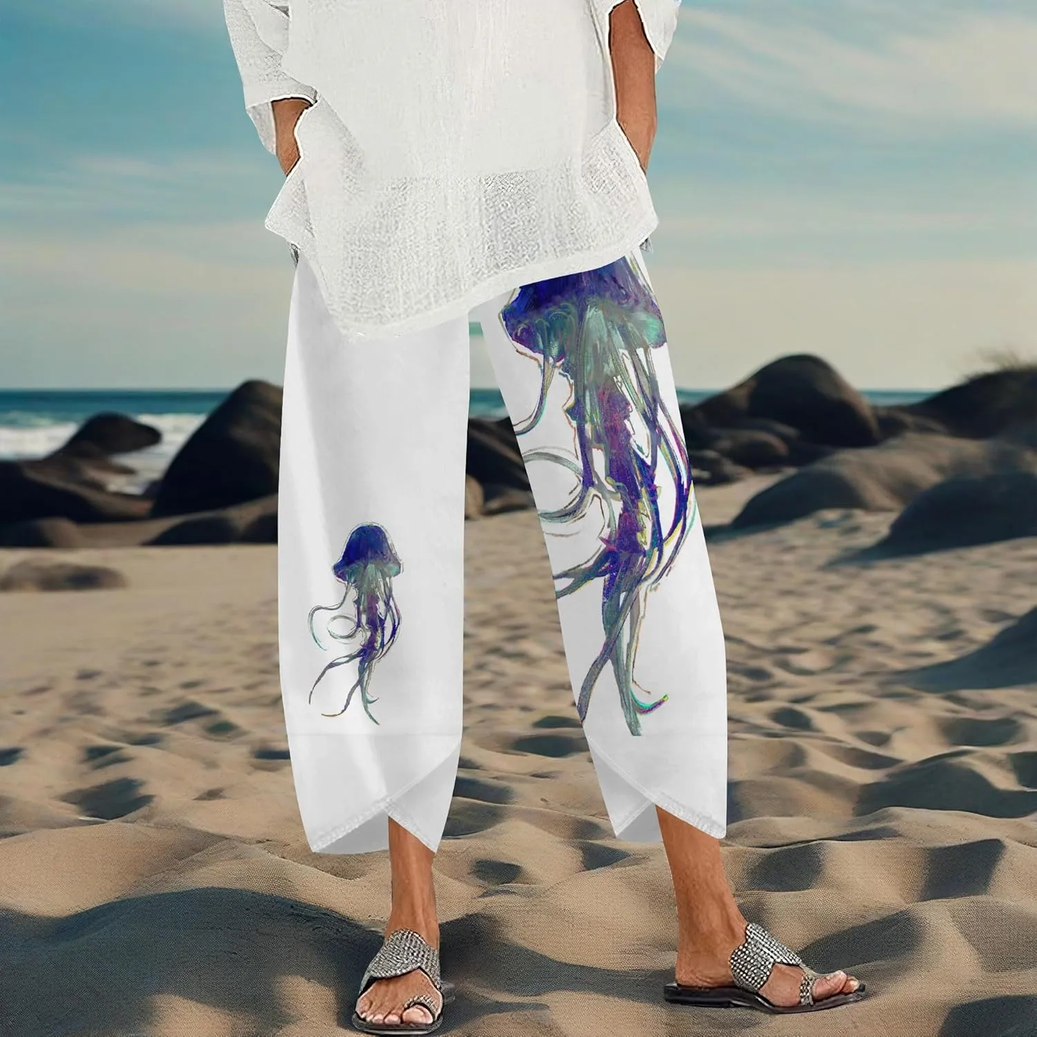 Capris Pants for Women 2025 Summer Printed Baggy Cropped Wide Leg High Elastic Waist Trousers Beach Vacation Pant