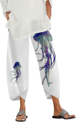 Capris Pants for Women 2025 Summer Printed Baggy Cropped Wide Leg High Elastic Waist Trousers Beach Vacation Pant