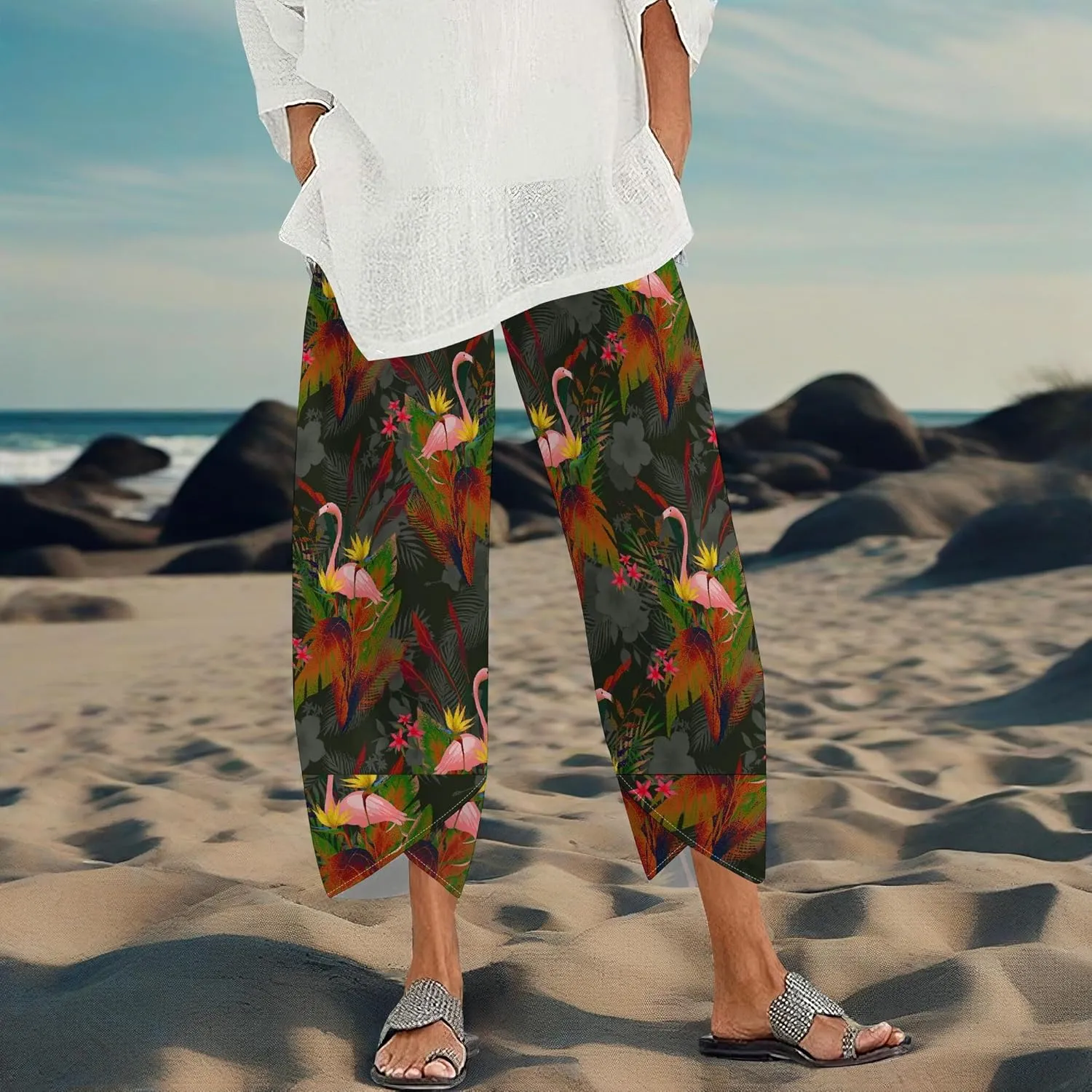 Capris Pants for Women 2025 Summer Printed Baggy Cropped Wide Leg High Elastic Waist Trousers Beach Vacation Pant