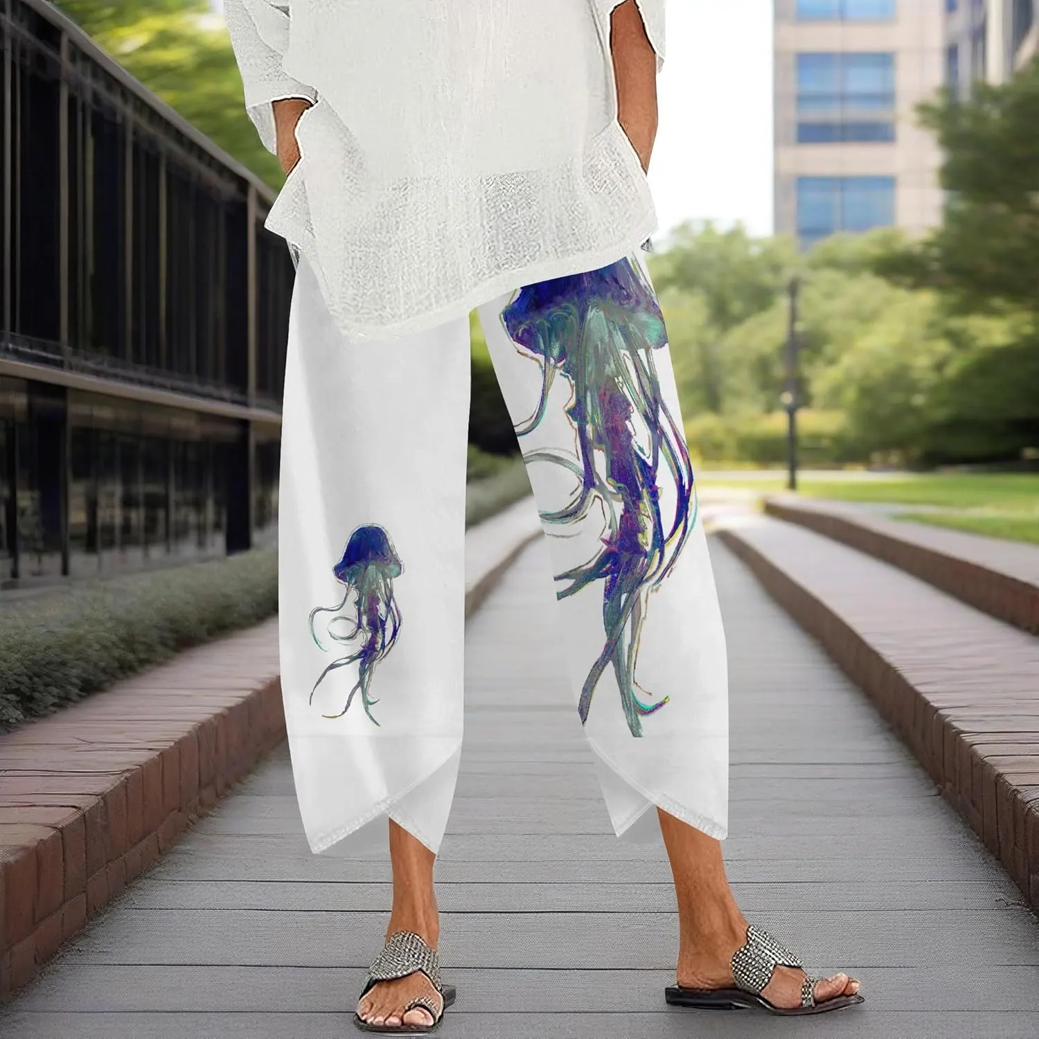 Capris Pants for Women 2025 Summer Printed Baggy Cropped Wide Leg High Elastic Waist Trousers Beach Vacation Pant