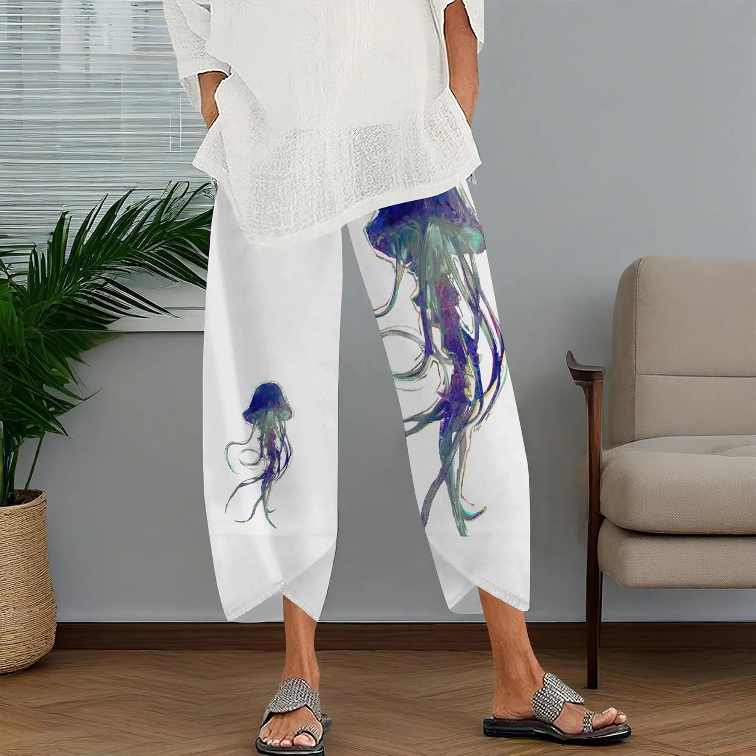 Capris Pants for Women 2025 Summer Printed Baggy Cropped Wide Leg High Elastic Waist Trousers Beach Vacation Pant