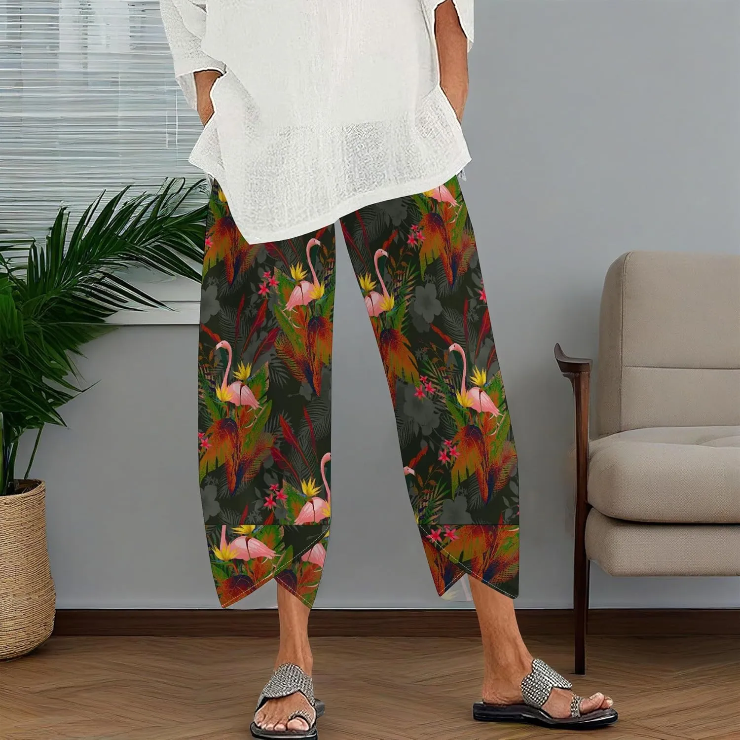 Capris Pants for Women 2025 Summer Printed Baggy Cropped Wide Leg High Elastic Waist Trousers Beach Vacation Pant