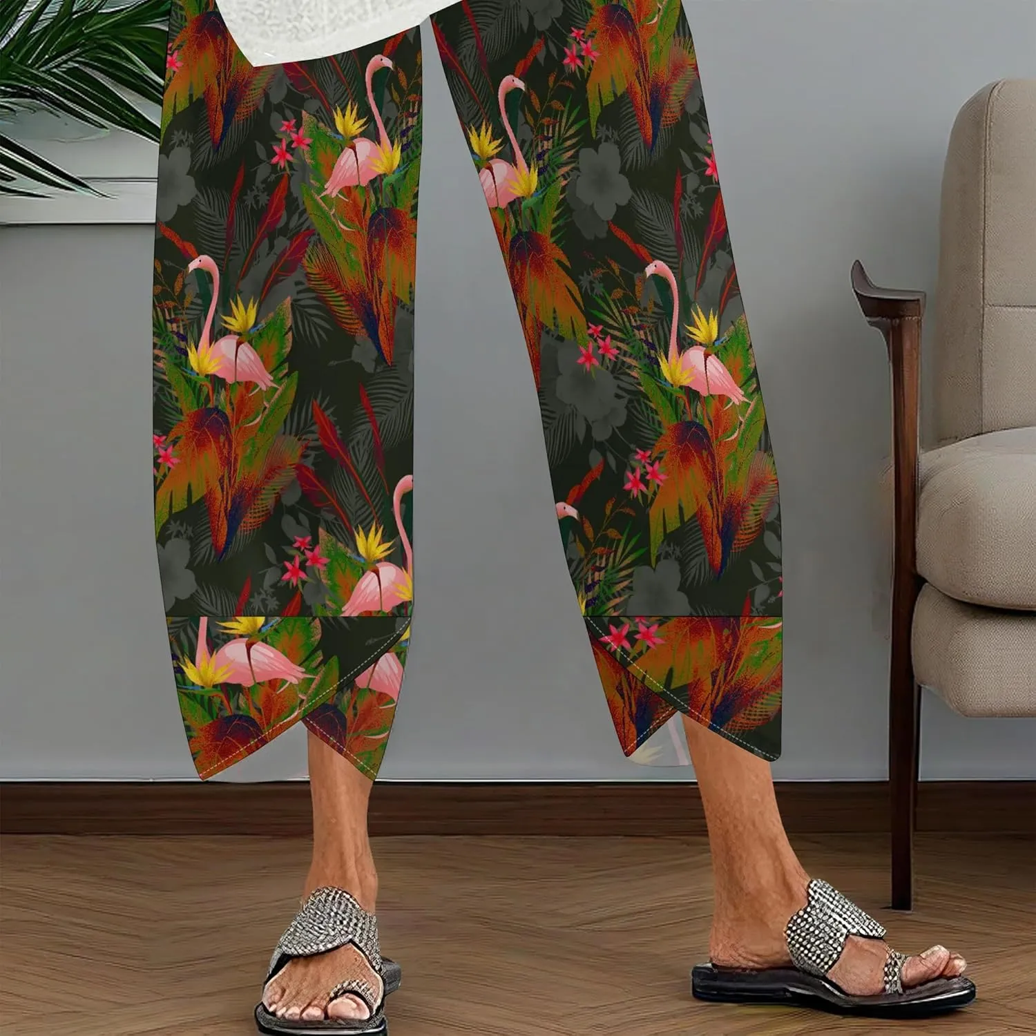 Capris Pants for Women 2025 Summer Printed Baggy Cropped Wide Leg High Elastic Waist Trousers Beach Vacation Pant