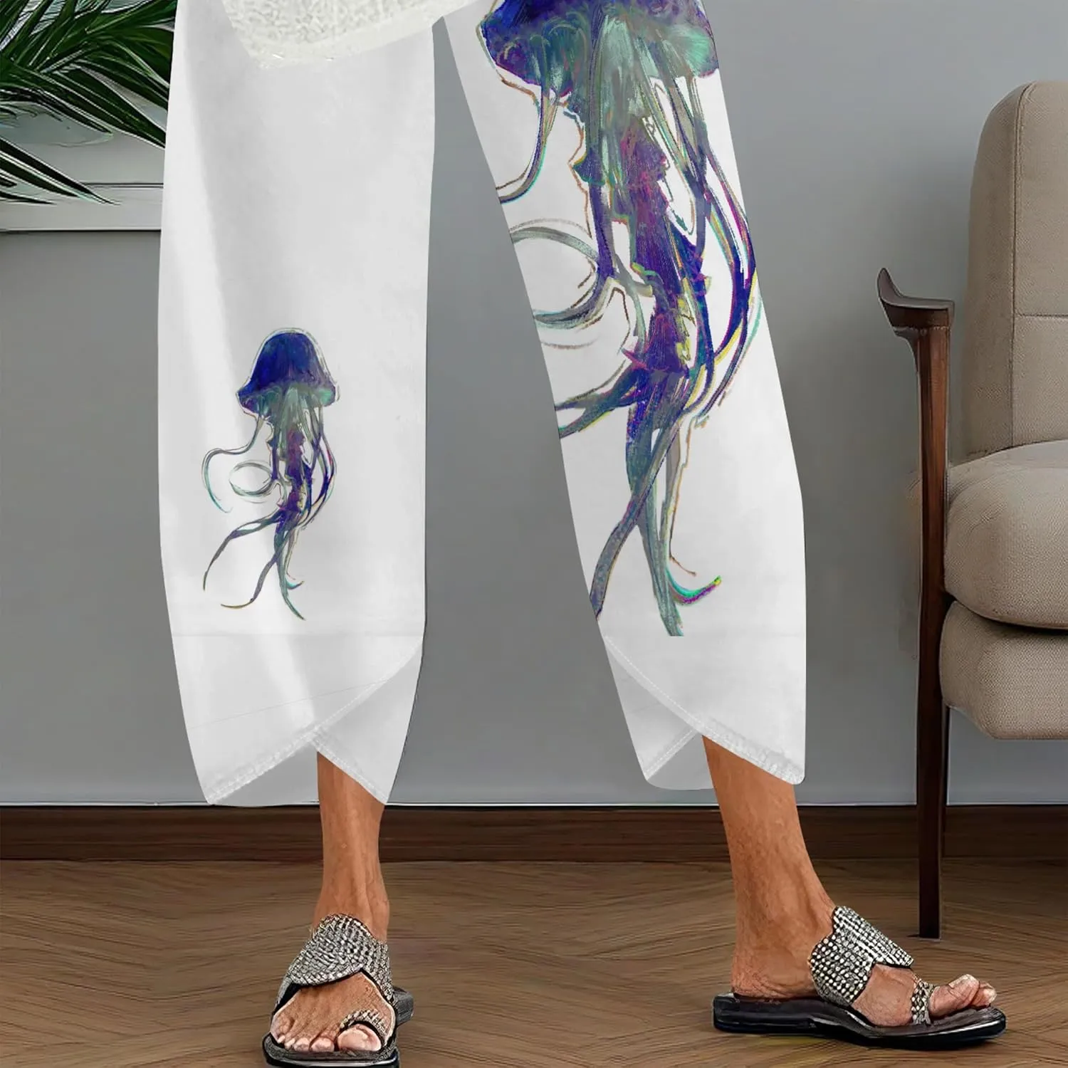 Capris Pants for Women 2025 Summer Printed Baggy Cropped Wide Leg High Elastic Waist Trousers Beach Vacation Pant