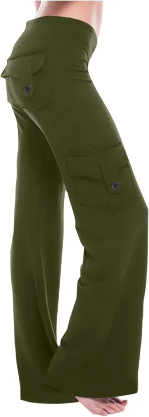 Cargo Yoga Pants with Pockets Womens Wide Leg Pants High Waisted Workout Flare Leggings Lightweight Casual Trousers