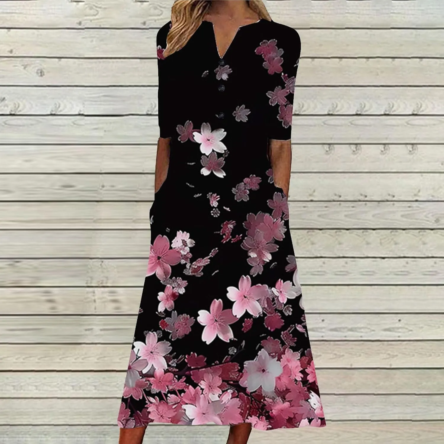 Casual Boho Dresses for Women 2025 Summer Retro Print Midi Tshirt Dress Loose Flowy Beach Long Dresses with Pockets