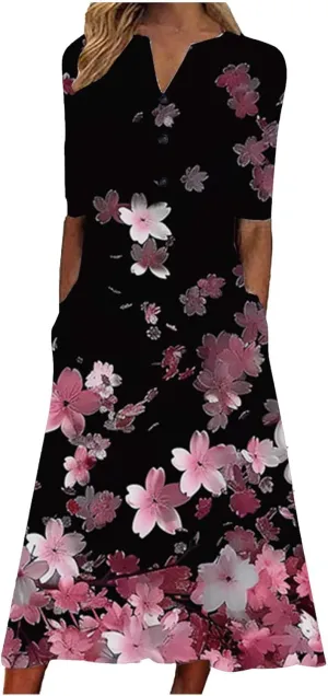 Casual Boho Dresses for Women 2025 Summer Retro Print Midi Tshirt Dress Loose Flowy Beach Long Dresses with Pockets