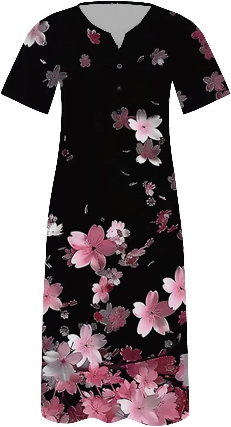 Casual Boho Dresses for Women 2025 Summer Retro Print Midi Tshirt Dress Loose Flowy Beach Long Dresses with Pockets