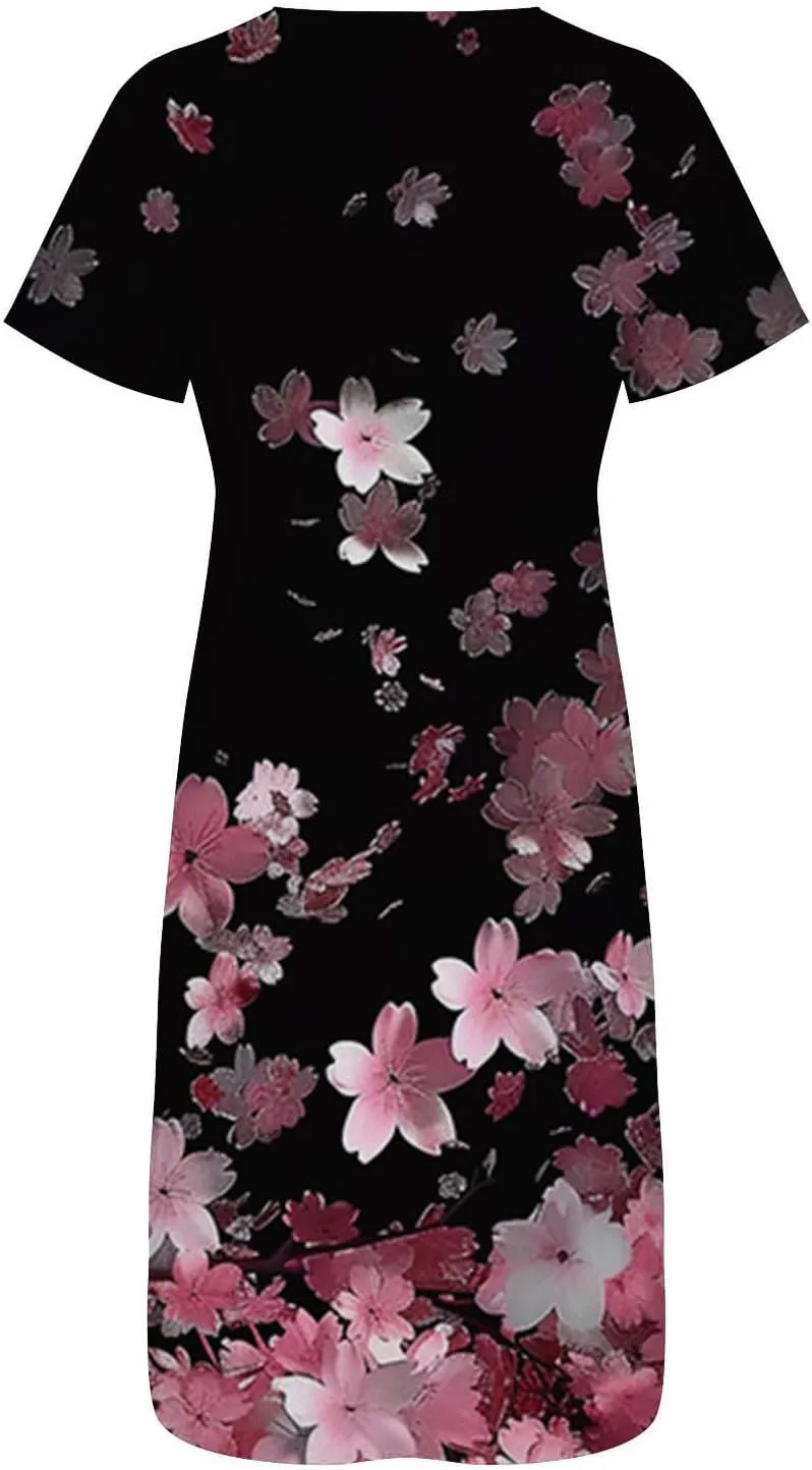 Casual Boho Dresses for Women 2025 Summer Retro Print Midi Tshirt Dress Loose Flowy Beach Long Dresses with Pockets