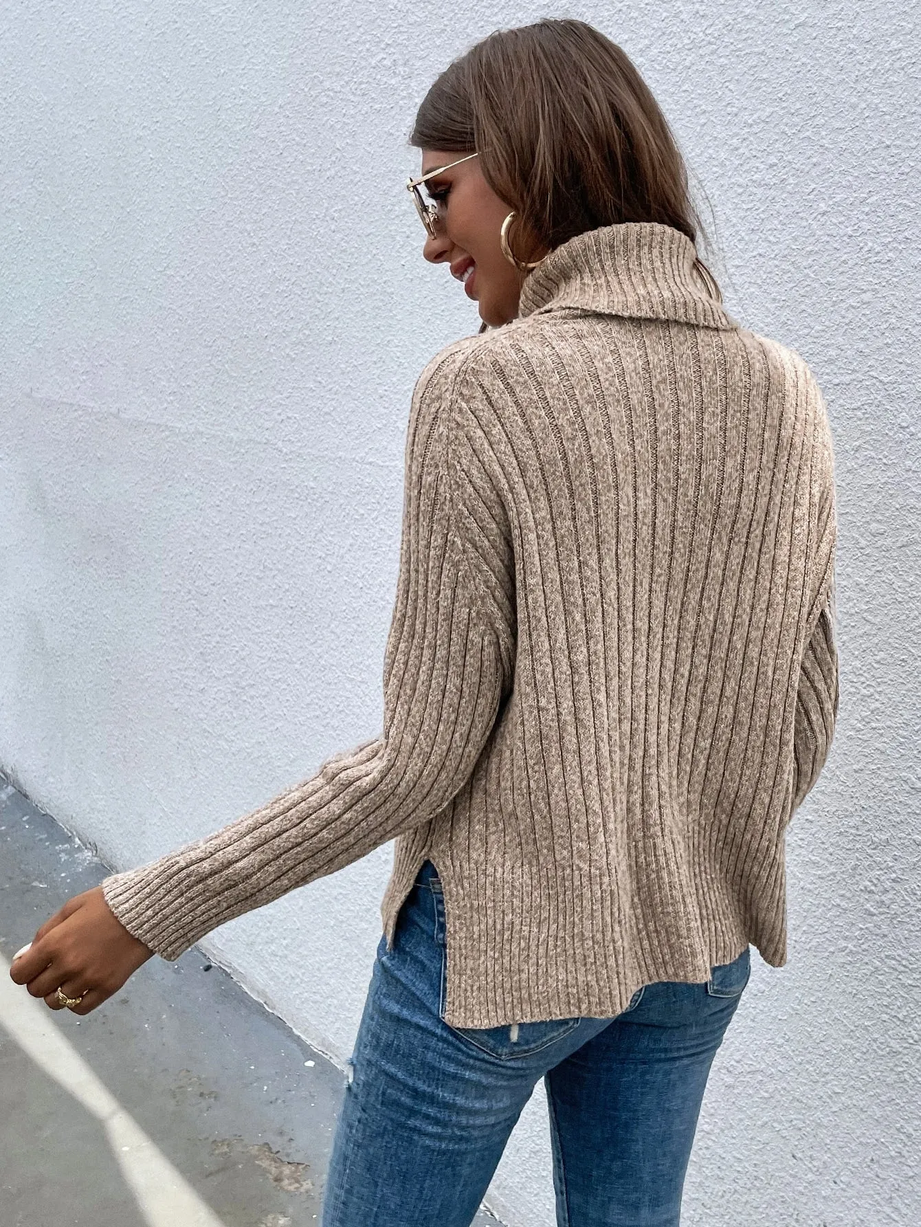 Casual Plain Rib-Knit Long Sleeve High Neck Slit Regular Women Sweater