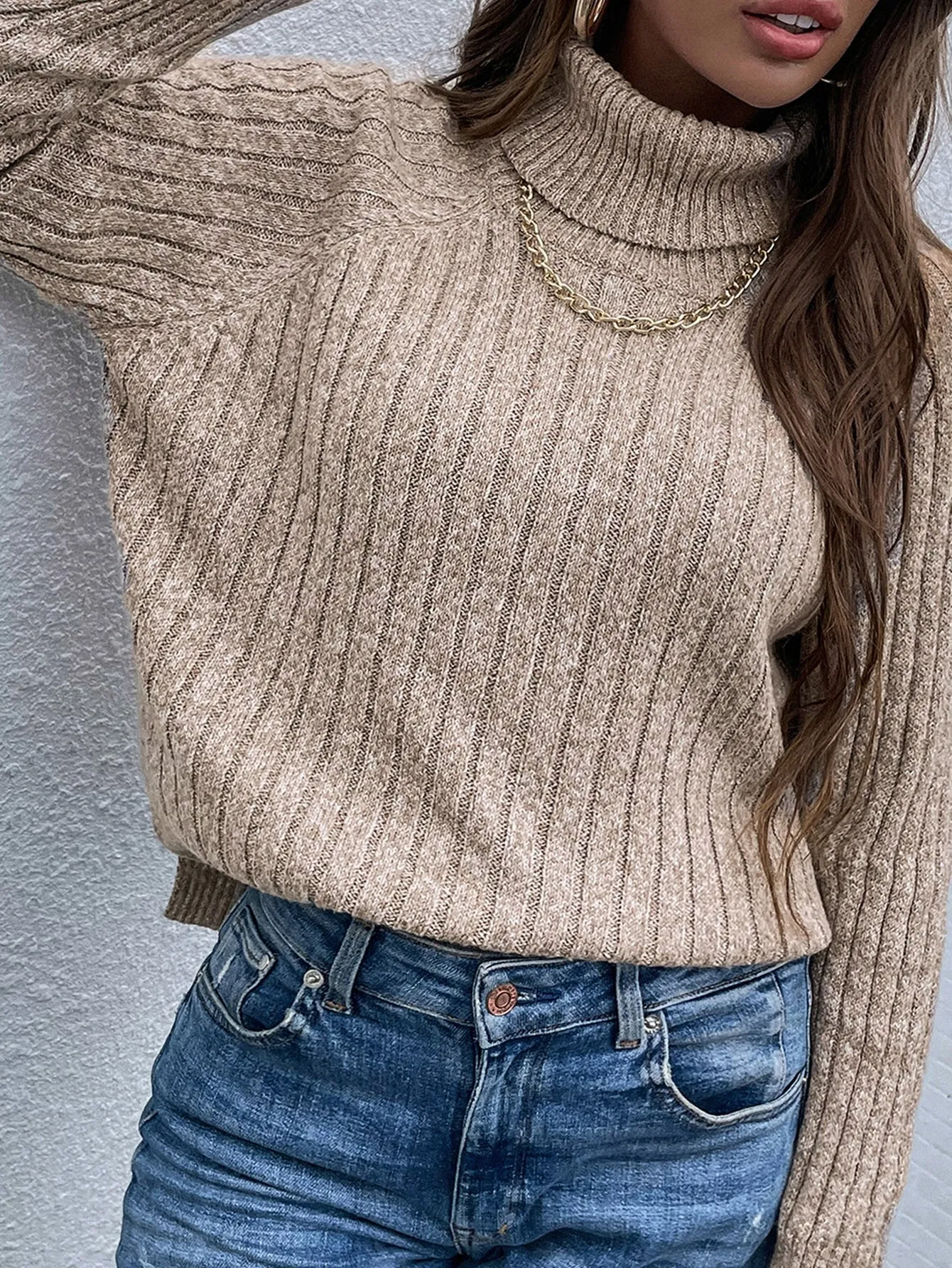 Casual Plain Rib-Knit Long Sleeve High Neck Slit Regular Women Sweater